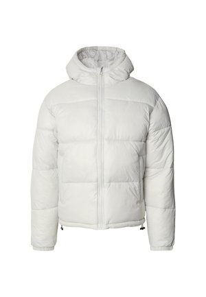 Fehér pehelykabát kapucnival, zipzárral, steppelt textúrával és rugalmas mandzsettával. Szabályozható húzózsinórral az alján. Könnyű anyag.