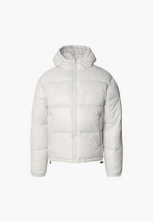 Witte pufferjack met capuchon, ritssluiting, geborduurde textuur en elastische boorden. Voorzien van een verstelbare koord aan de onderkant. Lichtgewicht materiaal.