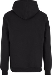 Schwarzer Kapuzenpullover mit glatter Textur, Kängurutasche und verstellbarem Kordelzug an der Kapuze. Ribbed Cuffs und Saum runden das Design ab.
