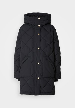 Gesteppten schwarzen Pufferjacke mit Kapuze, ausgestattet mit goldenen Druckknöpfen und zwei Fronttaschen, aus isolierendem Material für Wärme.