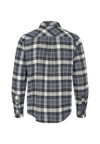 Pika varrukaga nööpidega särk, millel on sinine, valge, must ja pruun ruuduline muster, nähtud tagant valgel taustal.