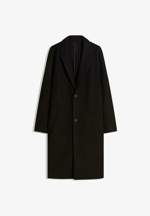 Black wool blend coat with a notch lapel, single button closure, and side pockets. Features a straight silhouette and minimalistic design.