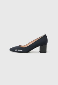 Navy pointed-toe pump with a transparent block heel and "LOVE MOSCHINO" logo on the side, set against a plain white background.