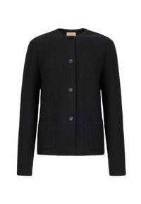 Sort tekstureret cardigan med rund hals, frontknaplukning, to lommer og lange ærmer. Simpelt design med minimal detaljering.