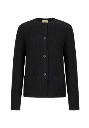 Svart texturerad kofta med rund hals, knäppning framtill, två fickor och långa ärmar. Enkel design med minimal detaljer.