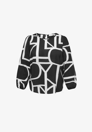 Black and white blouse featuring geometric patterns, round neckline, and long puffed sleeves. Smooth fabric with a relaxed fit.