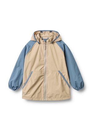 Beige og blå hættejakke med lynlås foran og to skrå lommer, elastiske manchetter og farveblokke raglanærmer.