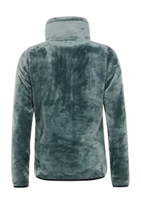 Fleecový pulovr, měkká textura, tmavě modrozelená barva, vysoký límeček, dlouhé rukávy, jednoduchý design a černý lem na spodním okraji.