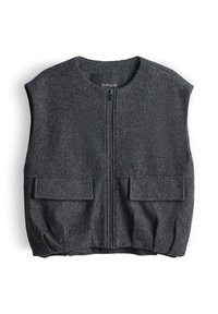 Gilet sans manches en laine gris foncé avec fermeture éclair à l'avant et deux poches à rabat, design sans col.