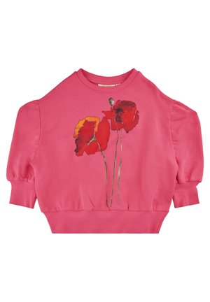 Pinkes Sweatshirt mit langen Ärmeln, gerippten Bündchen und Saum, mit einem Design von drei roten und orangefarbenen Mohnblumen mit grünen Stängeln.