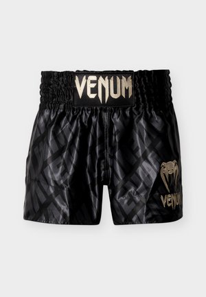 Čierne saténové boxerské šortky so štruktúrovaným vzorom, elastickým pásom a výrazným zlatým logom a emblémom "Venum".