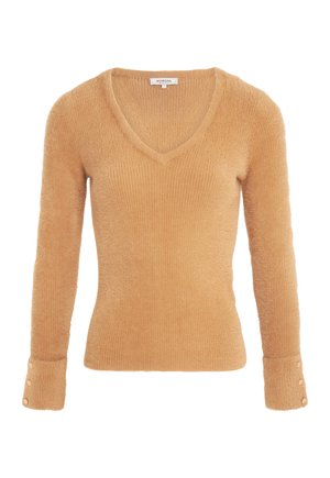 Maglione a V, con maniche lunghe, in una consistenza morbida e pelosa, colore marrone chiaro. Presenta un tessuto a coste e dettagli con bottoni sui polsini delle maniche.