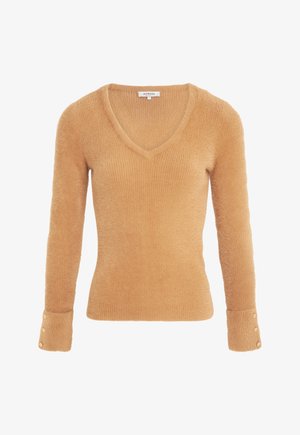 Maglione a V, con maniche lunghe, in una consistenza morbida e pelosa, colore marrone chiaro. Presenta un tessuto a coste e dettagli con bottoni sui polsini delle maniche.