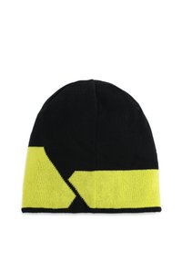 Beanie lavorato a maglia nera con un audace motivo geometrico giallo, dalla vestibilità aderente che si restringe sulla corona e una texture morbida.