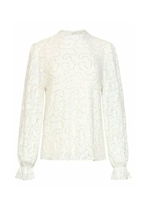 Wit kanten blouse met lange mouwen, hoge halslijn, subtiel draaiend paillettenpatroon en geplooide ruches aan de manchetten van de mouwen.