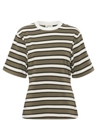 Camiseta a rayas en verde oliva y blanco, hecha de una tela suave. Presenta un escote redondo y mangas cortas y anchas con un ajuste relajado.