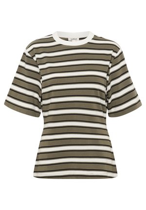Randig T-shirt i olivgrön och vit, tillverkad av mjukt tyg. Har en rundad halsringning och korta, vida ärmar med en avslappnad passform.
