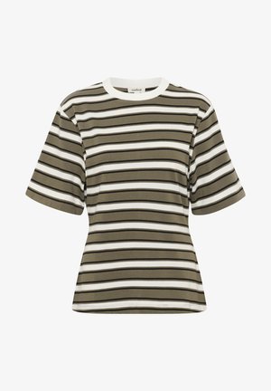 Randig T-shirt i olivgrön och vit, tillverkad av mjukt tyg. Har en rundad halsringning och korta, vida ärmar med en avslappnad passform.