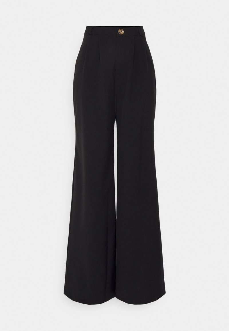 Pantalon large noir taille haute avec fermeture à boutons sur le devant et plis avant, présenté sur un fond blanc.