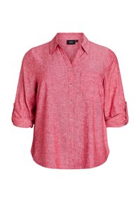 Red linen shirt with a button-up front, collar, and rolled sleeves. Features a single chest pocket and a relaxed fit.