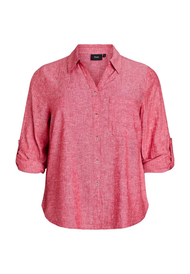 Red linen shirt with a button-up front, collar, and rolled sleeves. Features a single chest pocket and a relaxed fit.