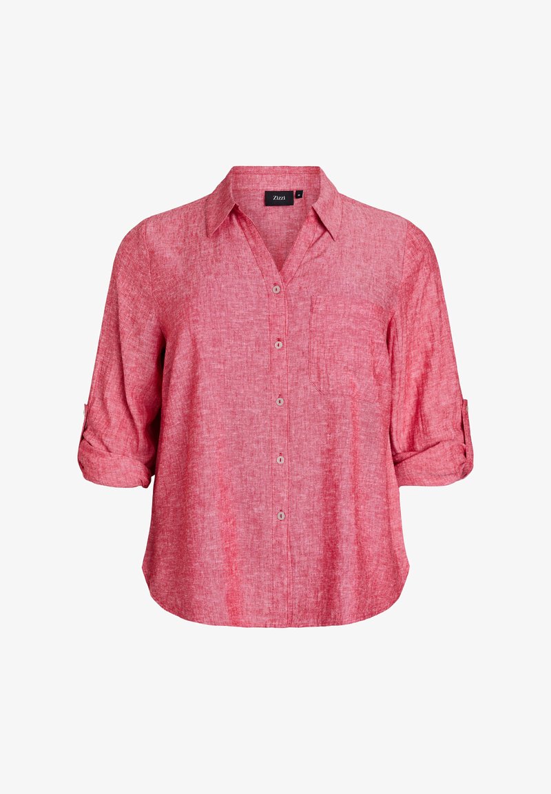 Red linen shirt with a button-up front, collar, and rolled sleeves. Features a single chest pocket and a relaxed fit.