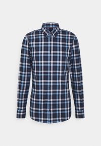 Camisa de cuadros en tonos azul y azul marino con botones, mangas largas, de algodón y con cuello; presenta un pequeño logo en el bolsillo del pecho.