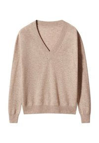 Beiger V-Ausschnitt-Pullover aus weichem Material, mit langen Ärmeln und gerippten Bündchen. Glatte Textur ohne sichtbare Muster oder Akzente.