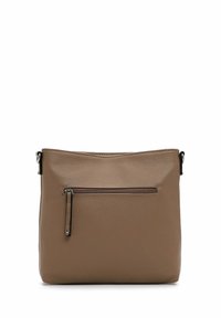 Brown, textured leather crossbody bag with a zippered front pocket, a simple design, and adjustable shoulder strap.