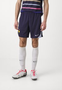 Nike voetbalshirt met horizontale strepen in marineblauw, roze, grijs en goud. Een paar marineblauwe shorts met een Frankrijk-embleem en witte sokken.