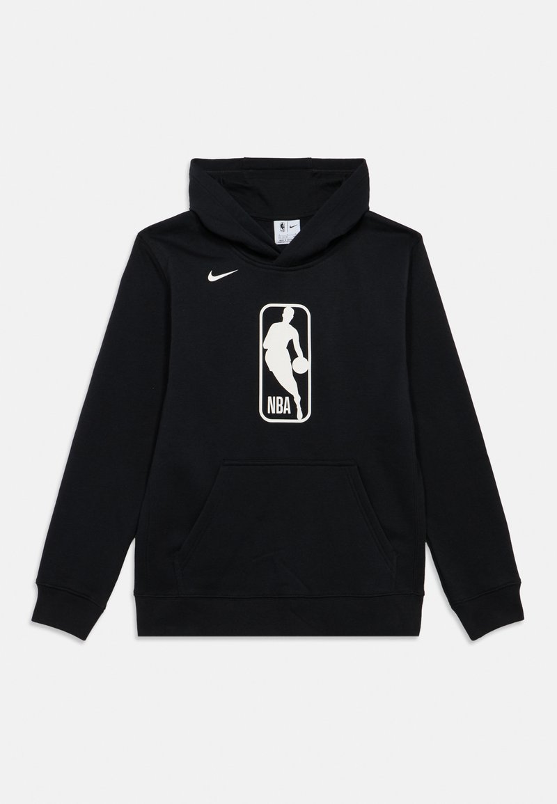Černá mikina s kapucí vyrobená z bavlněné směsi, s přední kapsou a velkým bílým potiskem loga NBA na hrudi. Logo Nike na levém rameni.