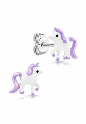Boucles d'oreilles en argent en forme de licornes blanches avec crinières, queues et sabots violets et roses, avec des yeux noirs.