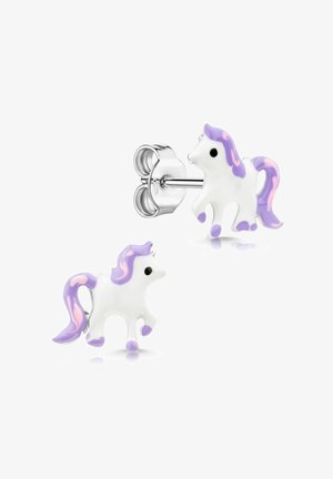 Boucles d'oreilles en argent en forme de licornes blanches avec crinières, queues et sabots violets et roses, avec des yeux noirs.