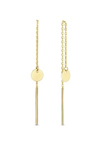 Goldfarbene Ohrringe mit einer Kette, die eine kreisförmige Scheibe und einen langen, kegelförmigen Stift aufweist. Glatte Oberfläche, leichtes Design, moderne Ästhetik.