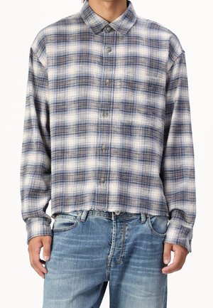 Man wearing a blue and white plaid button-up shirt with long sleeves and light blue denim jeans.