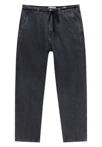 Tmavě šedé džíny s volným střihem, vybavené předními kapsami, poutky na pásek a stahovací šňůrkou v pase pro nastavitelnou velikost.