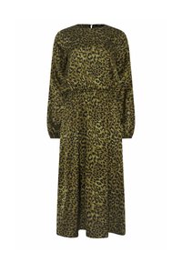 Vestido de estampado de leopardo en verde olivo con mangas largas, cintura fruncida y falda hasta el suelo. Textura suave y escote redondo.