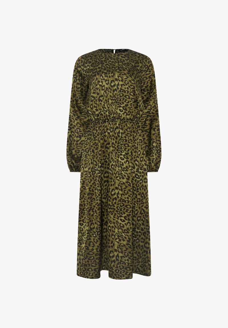 olive green leopard print dress Printed Mesh Knot Front Long Sleeve Midi Dress