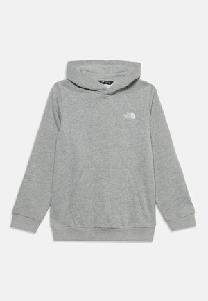 Jasnoszara bluza z kapturem, z przednią kieszenią oraz małym białym logo "The North Face" na piersi, położona płasko na białym tle.