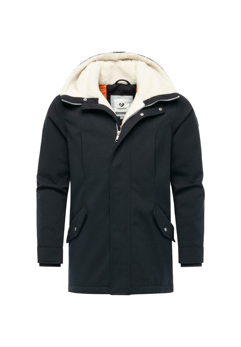 Schwarze Jacke mit weichem, cremefarbigem Fleece-Futter und Kapuze, mit Reißverschluss vorne und zwei Fronttaschen mit Klappen.
