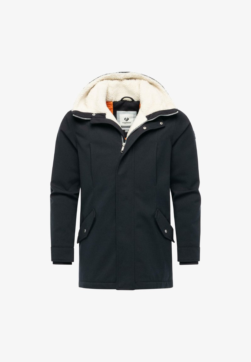 Schwarze Jacke mit weichem, cremefarbigem Fleece-Futter und Kapuze, mit Reißverschluss vorne und zwei Fronttaschen mit Klappen.