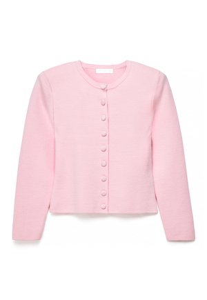 Cardigan rosa tenue a maniche lunghe con scollo rotondo e bottoni rivestiti dello stesso tessuto lungo il davanti.
