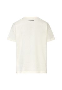 T-shirt blanc uni à manches courtes avec un petit logo Vaude noir centré près du col au dos et sur la manche gauche.