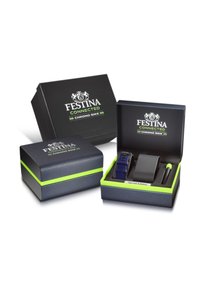 Festina Connected Chrono velosipēdu pulkstenis, kas iemontēts tumšā kastē ar zaļiem akcentiem. Ietver jūras zilas krāsas pulksteni, pelēku siksniņu un palīgrīku.