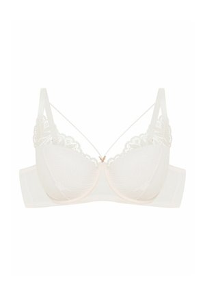 White lace-trimmed bra with soft cups, sheer textured material, and thin decorative straps. Pink accents near the center and underband.