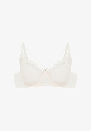 Weißer BH mit Spitzenbesatz, weichen Cups, transparentem, strukturiertem Material und dünnen dekorativen Trägern. Rosa Akzente in der Mitte und am Unterband.