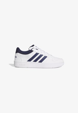 White Adidas low-top sneaker with navy three stripes, navy collar, white laces, and a flat white sole, shown in side profile facing right.