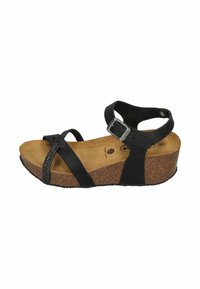 Black wedge sandal with adjustable ankle strap, cork footbed, and woven front straps. Rubber outsole for grip and durability.