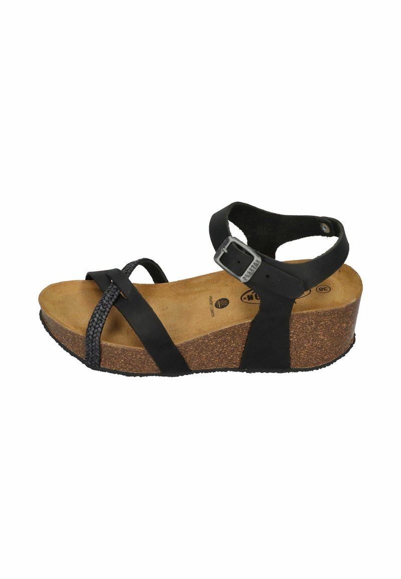 Black wedge sandal with adjustable ankle strap, cork footbed, and woven front straps. Rubber outsole for grip and durability.