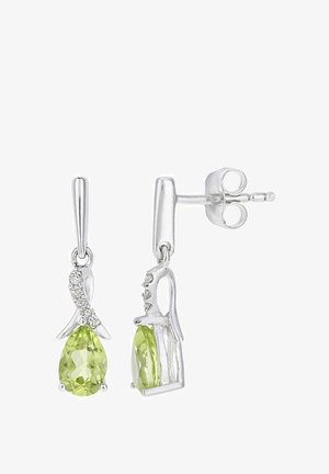 Silberohrringe mit einem tropfenförmigen grünen Edelstein, versehen mit einem gedrehten Design und kleinen klaren Akzenten für zusätzliche Details.